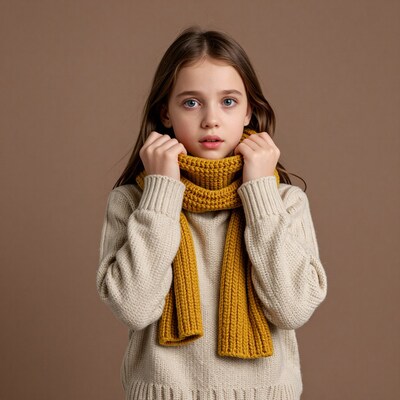 Young girl in mustard yellow knitted scarf