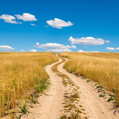 Winding Dirt Road Through Golden Grassland