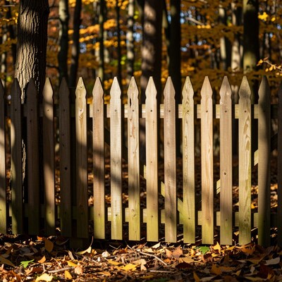 Wooden Picket Fence in Autumn Forest