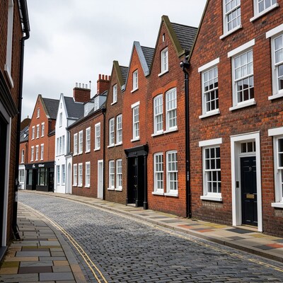 Cobblestone Street with Red Brick Terraced Houses