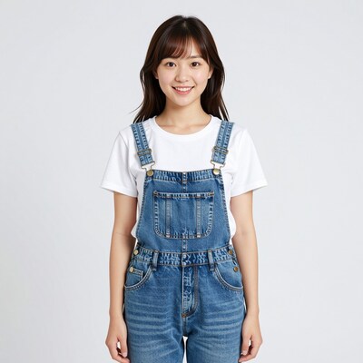 Young Asian woman in denim overalls