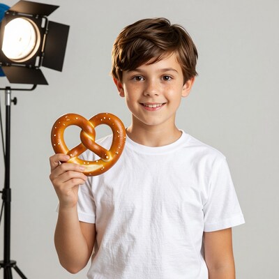 Boy holding giant pretzel