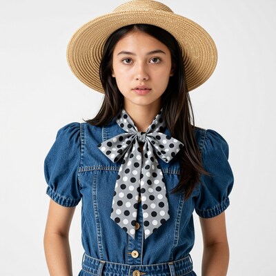 Young woman in straw hat and polka dot scarf