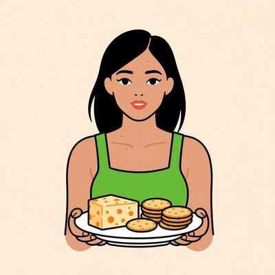 Woman holding cheese and crackers
