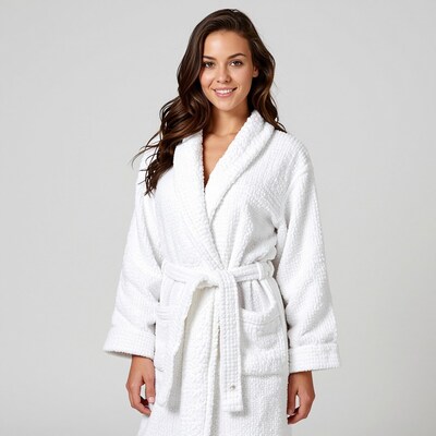 Woman in white bathrobe