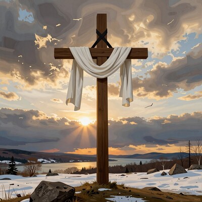 Wooden Cross with White Cloth at Sunset
