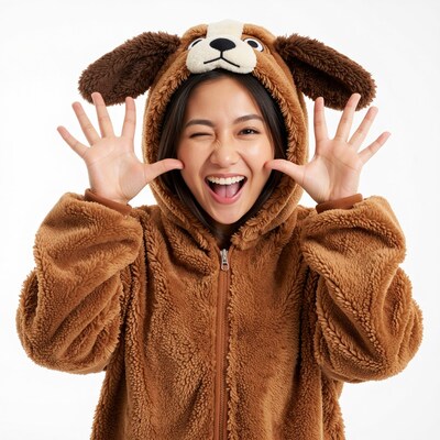 Woman in brown dog onesie
