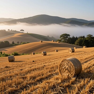 Golden Hay Bales in Misty Hills