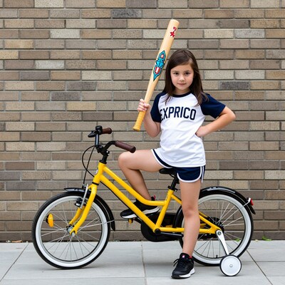 Girl with baseball bat on yellow bike