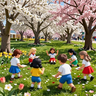 Children playing under cherry blossom trees