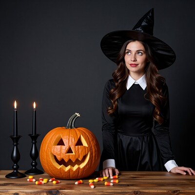 Woman in Witch Hat with Jack O Lantern
