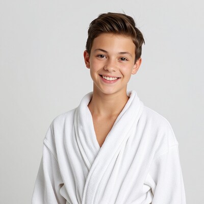 Smiling teenage boy in white bathrobe