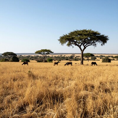 Wildebeest Grazing Savannah