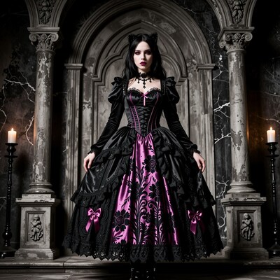 Gothic Woman in Pink Black Dress
