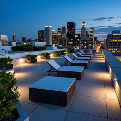 Rooftop Lounge at Dusk with City Skyline