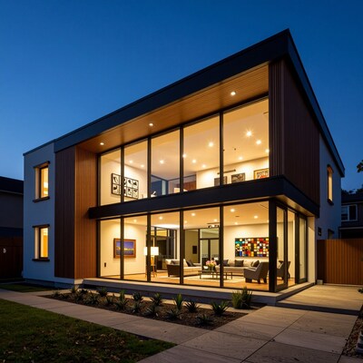 Modern Glass House at Night