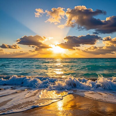 Golden Sunrise Over Ocean Waves