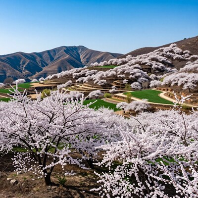 Terraced Hills Blooming with White Flowers