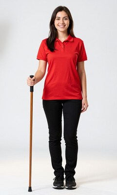 Smiling woman with cane in red polo shirt