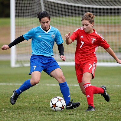 Female Soccer Players Competing for Ball