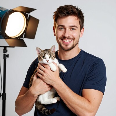 Man holding cat in studio