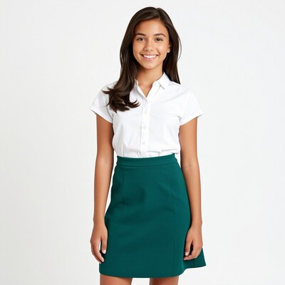 Young woman in white shirt and green skirt