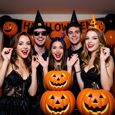 Halloween Party Group with Pumpkins