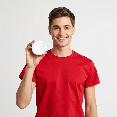 Smiling man holding white jar