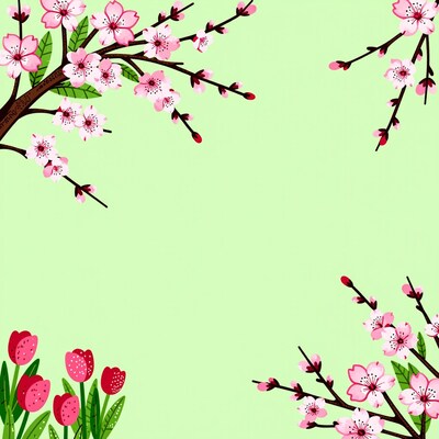 Cherry Blossom Branches and Tulips