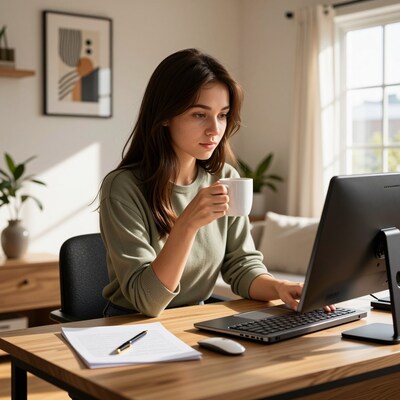 Woman working at home office desk