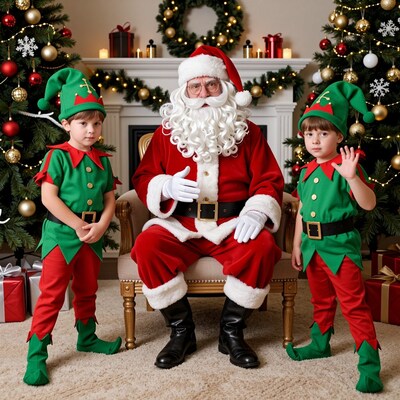 Santa Claus with two young elf boys