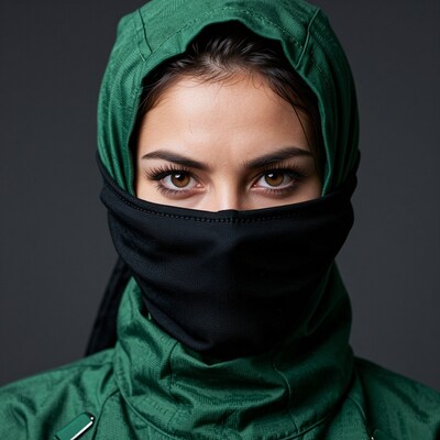 Woman in green hijab and black niqab