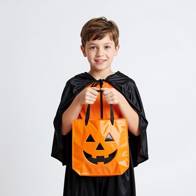 Boy in Halloween Costume with Pumpkin Bag