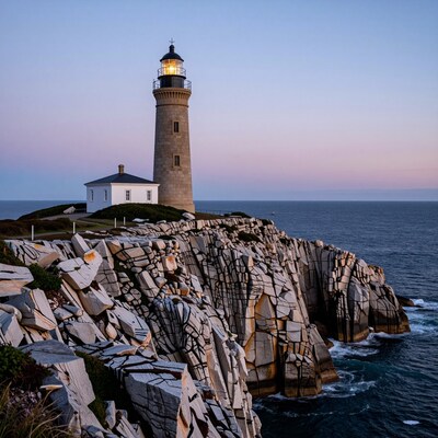 Lighthouse on Rocky Cliff at Dusk