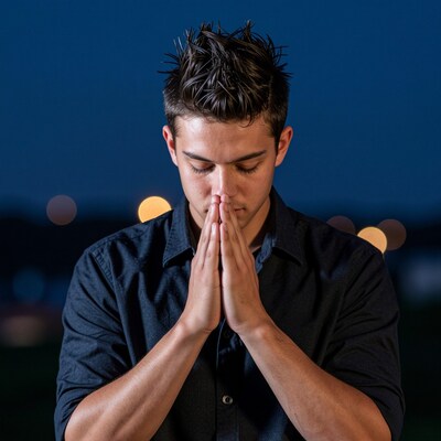 Young man praying in darkness