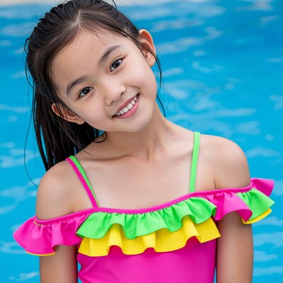 Young Asian girl in colorful swimsuit