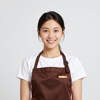 Smiling Asian woman in brown apron