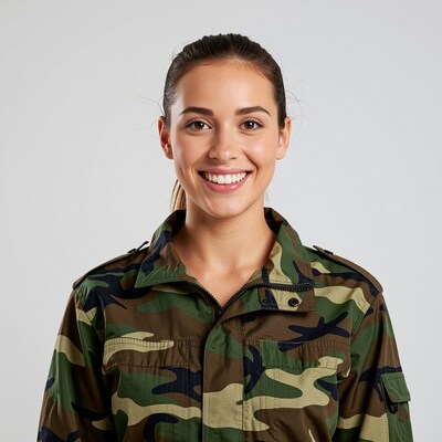 Smiling Woman in Camouflage Jacket