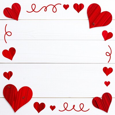 Red Hearts Border on White Wood