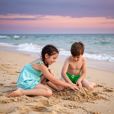 Kids Building Sandcastle on Beach