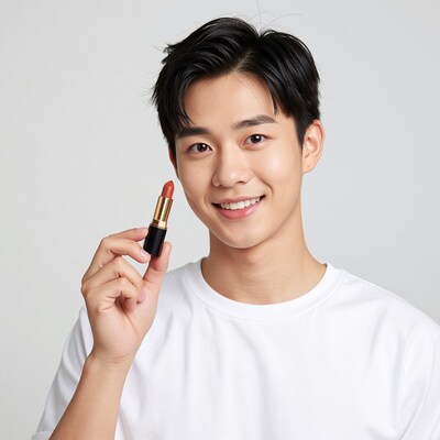 Young Asian man holding red lipstick