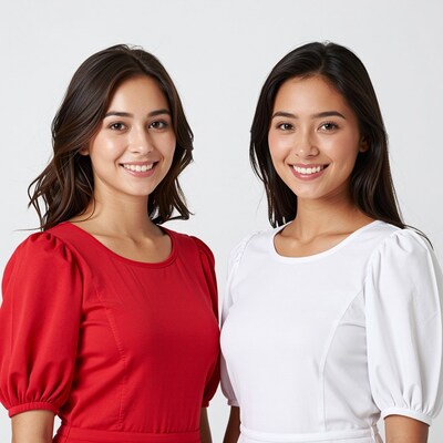 Two smiling Asian women in red and white tops