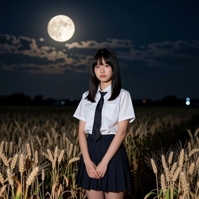 Japanese schoolgirl in wheat field at night