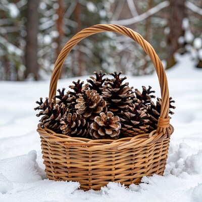 Basket of Pinecones in Snow
