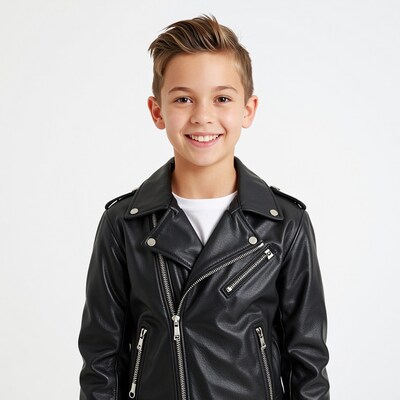 Smiling boy in black leather jacket