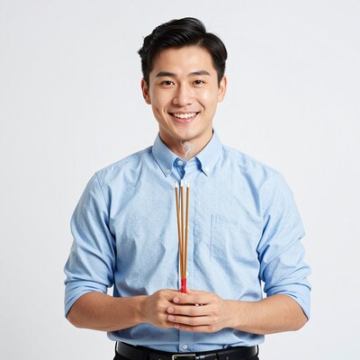 Smiling Asian man holding incense sticks