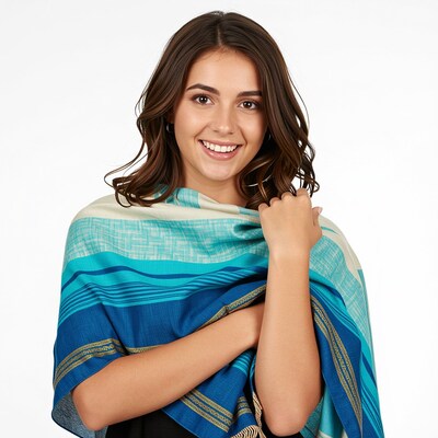 Smiling woman in turquoise striped shawl