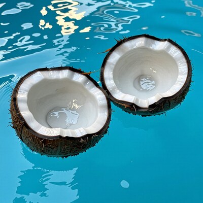 Halved coconuts floating in pool
