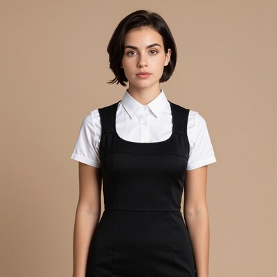 Woman in black pinafore dress