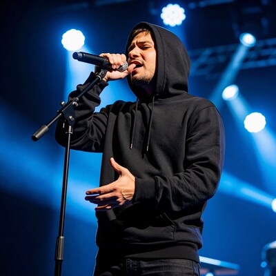 Male singer in black hoodie performing